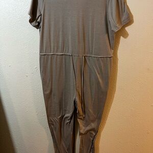 Tan Jumpsuit with Short Sleeves and Elastic Waist